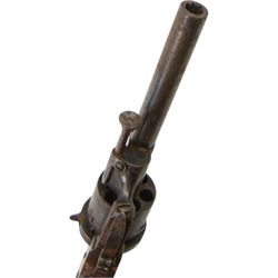 19th century pinfire six-shot revolver, rear loading with folding trigger and wooden grip, H10cm, L20cm