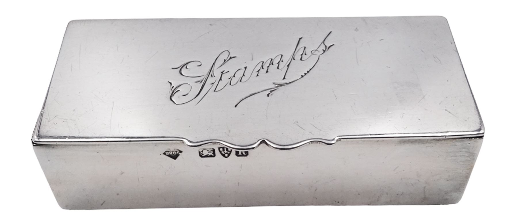 Late Victorian silver stamp box, of plain rectangular form, the hinged cover engraved 'Stamps', opening to reveal a gilt interior, hallmarked Mappin Brothers, Chester 1900, L7.5cm, approximate weight 1.89 ozt (58.8 grams)