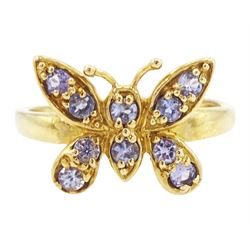 9ct gold round cut tanzanite butterfly ring, hallmarked