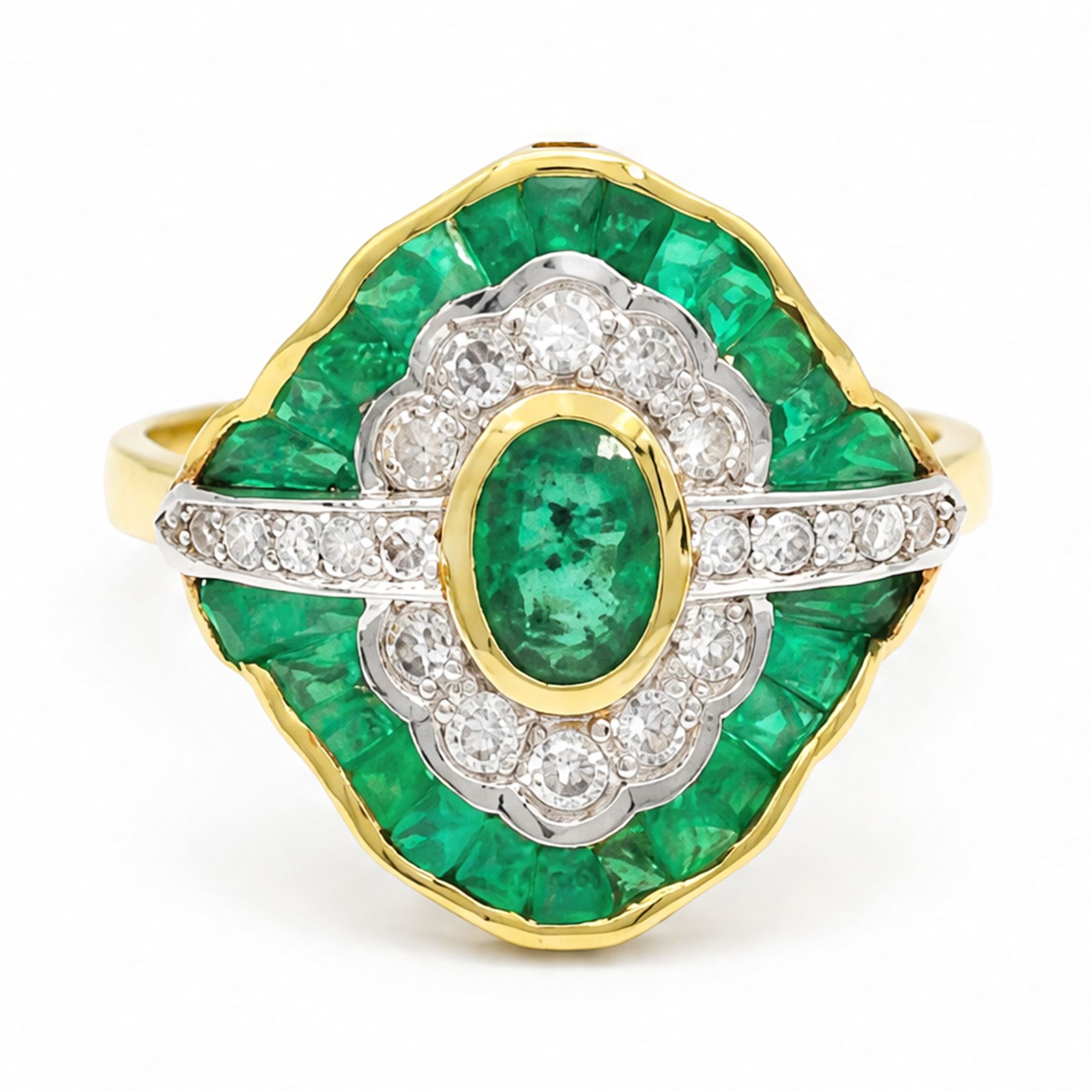 18ct gold emerald and diamond dress ring, single oval cut emerald, with single cut diamond and calibre cut emerald surround, total diamond weight approx 0.35 carat, total emerald weight approx 0.65 carat