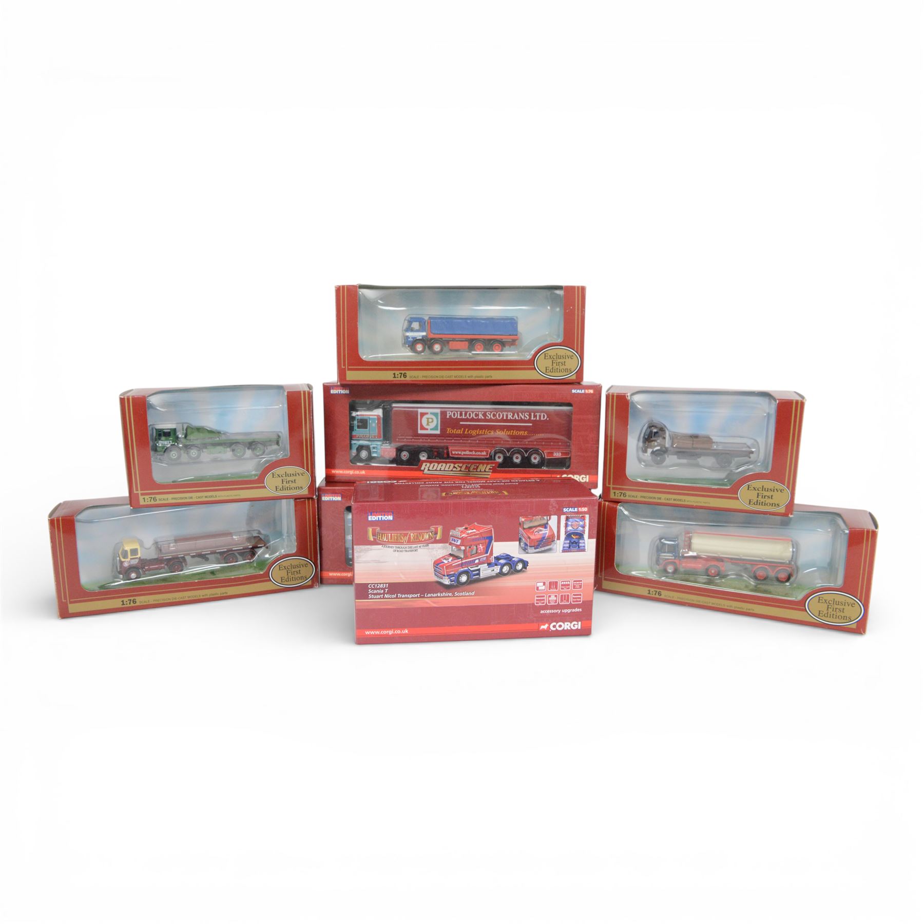 Eight diecast model lorries, comprising limited 1:50 scale Corgi Hauliers of Renown CC12831, two limited edition 1:76 scale Corgi Road Scene examples CC18301 Renault Magnum Curtainside and CC18105 Scania R Series Fridge and five 1:76 scale Exclusive First Editions, including Foden Artic Oval Tanker, Atkinson Artic Flatbed, Foden 4 Axle Flatbed, AEC Ergo 4 Axle Flatbed and AEC MkV Mandator Flatbed, all boxed