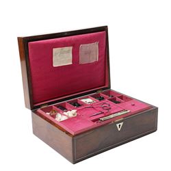 Victorian rosewood sewing box, of quality construction, containing a collection of mainly mourning items, comprising a pair of gilt metal micro mosaic cufflinks, beads, locks of hair, and other associated items including two French poems