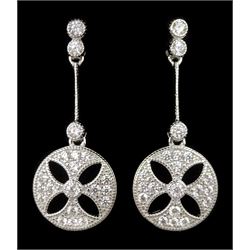 Pair of silver Art Deco style cubic zirconia openwork pendant stud earrings, stamped 925 