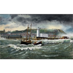 Robert Sheader (British 20th century): Scarborough Lifeboat and Fishing Boat SH87 off the Lighthouse, oil on board signed 37cm x 60cm 