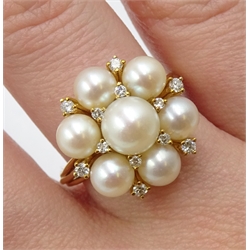 Pair of gold pearl and diamond stud earrings and matching ring, all hallmarked 18ct 