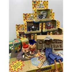 1970s Corgi Magic Roundabout Playground No.853; 1960s Bock Finland Pola600 table top football game; 1950s Pelham Puppet - Cowgirl; six Lledo Noddy in Toyland die-cast models; Good Soldiers set of five Noddy in Toyland cast metal figures; pair of Noddy and Big Ears painted wooden egg cups with hats; and DC Bronze Age Collection pair of Batmobiles; all boxed (13)