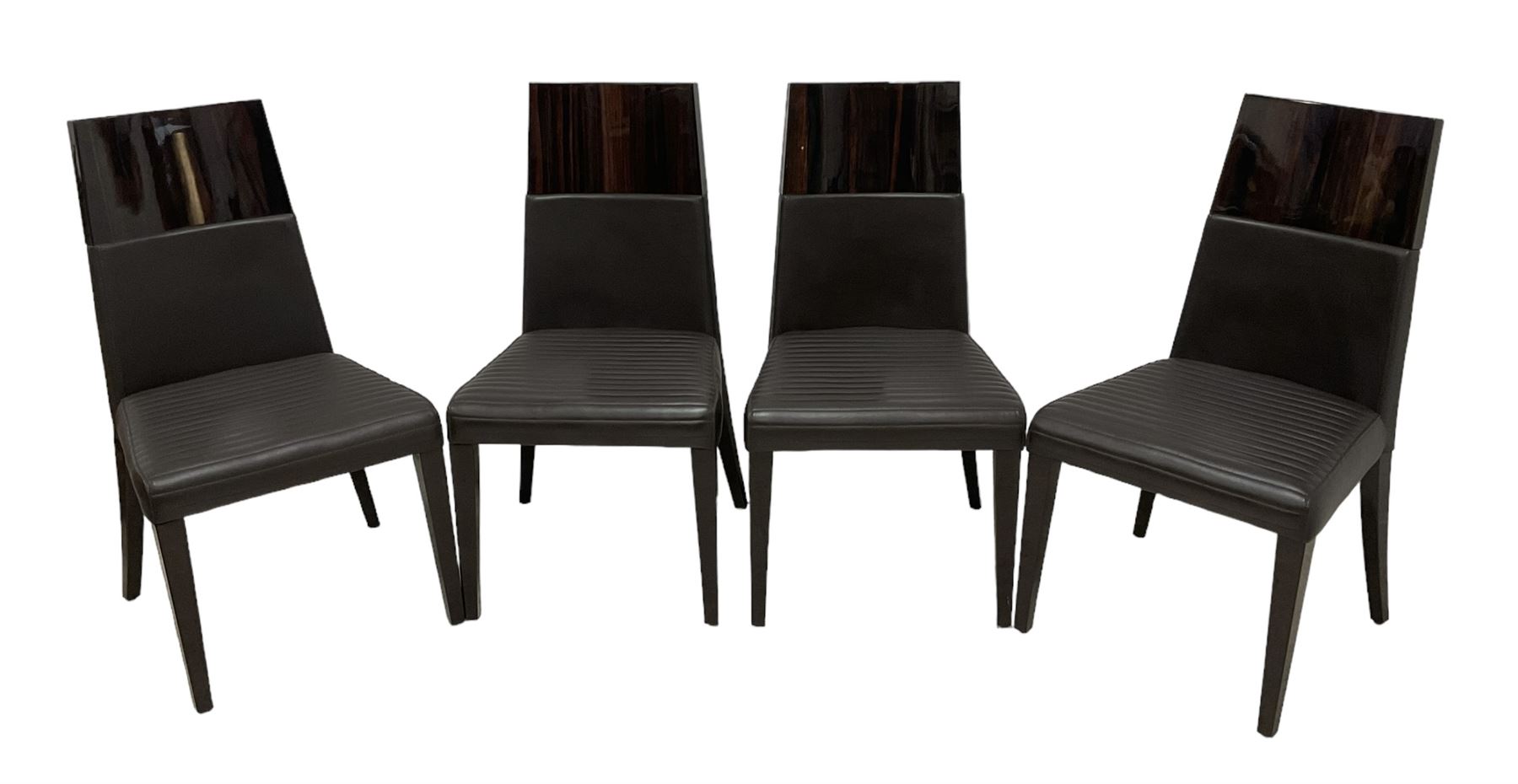 Giorgio Collection - Art Deco design macassar ebony 'Luna' extending dining table, oval top with quarter-matched veneer and stringing, raised on a curved V-shaped pedestal with oval base; with matching set of dining chairs, high macassar ebony back, the lower half and seat upholstered in black leather, on ebonised tapering supports, retailed by Harrods