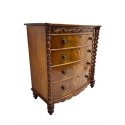Victorian mahogany bow front chest, fitted with four drawers, spiral turned pilasters, on turned feet