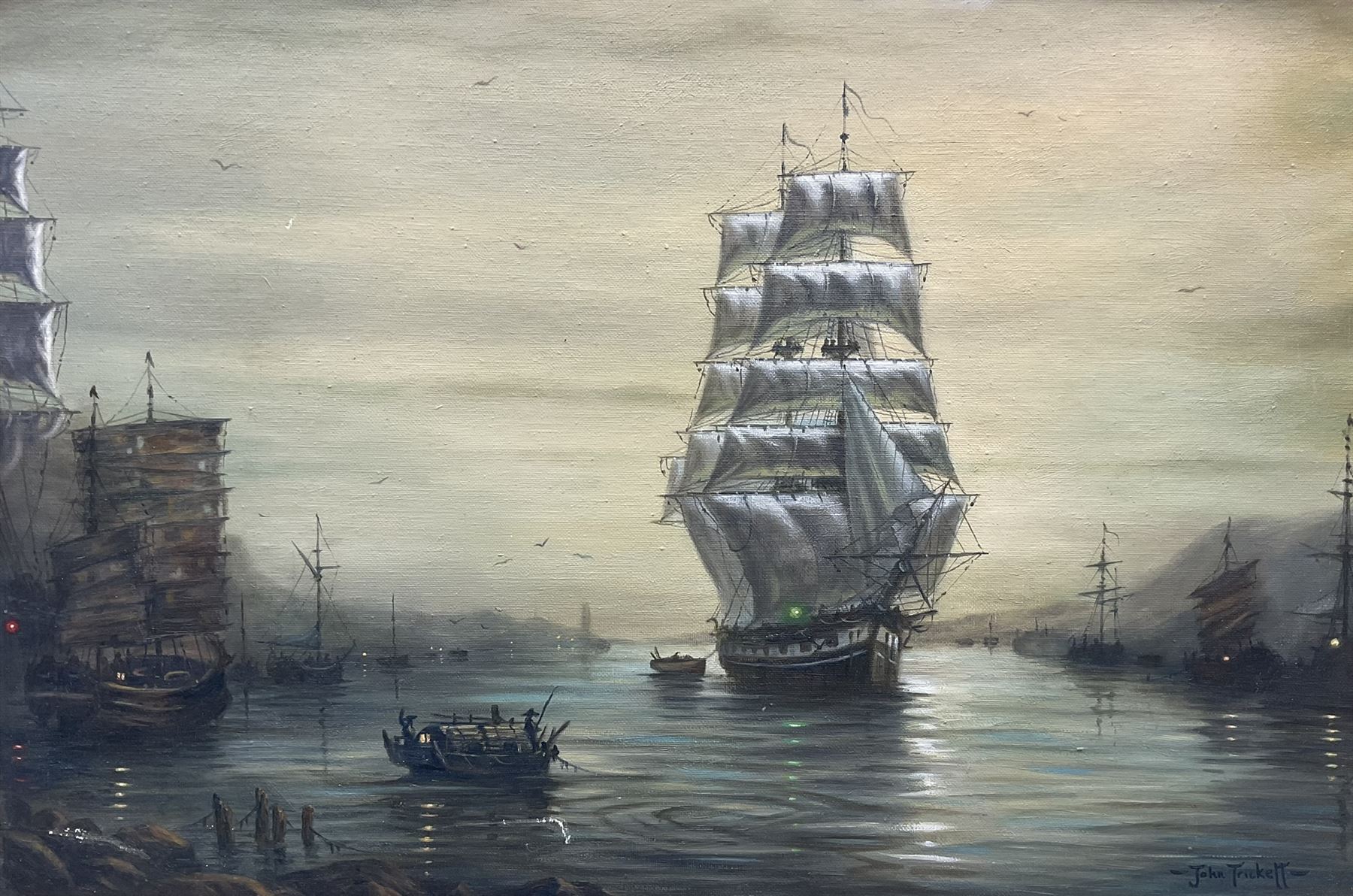John Trickett (British 1952-): 'Evening Calm' - A Tea Clipper in the Anchorage Foochow, oil on canvas laid on board signed, titled with artist's address verso 42cm x 63cm
Provenance: private collection; David Duggleby 17th September 2021, Lot 198