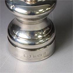 Silver mounted glass decanter, boxed with wooden plinth, together with a silver pepper grinder and a silver mounted Carrs desk clock, all hallmarked