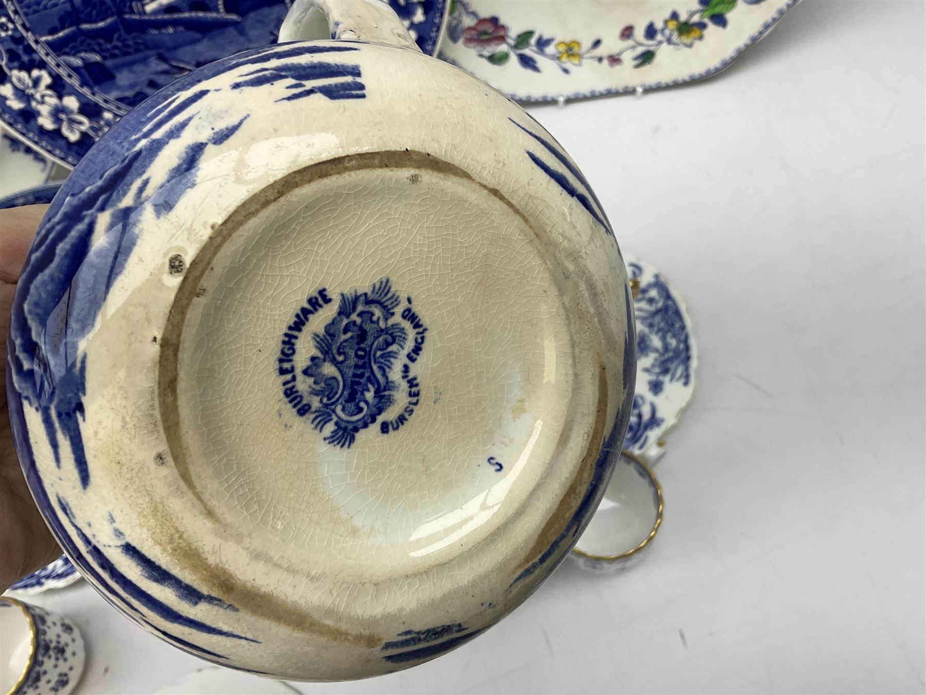 Spode Italian pattern bowl, with blue print beneath, together with a Spode Blue Tower pattern cake plate, and  other blue and white wares to include Wedgwood, Burleighware etc