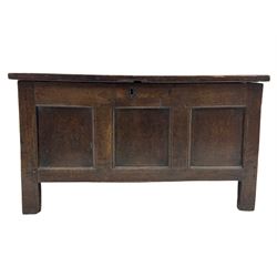 Early 19th century oak blanket box, three panel front, hinged top