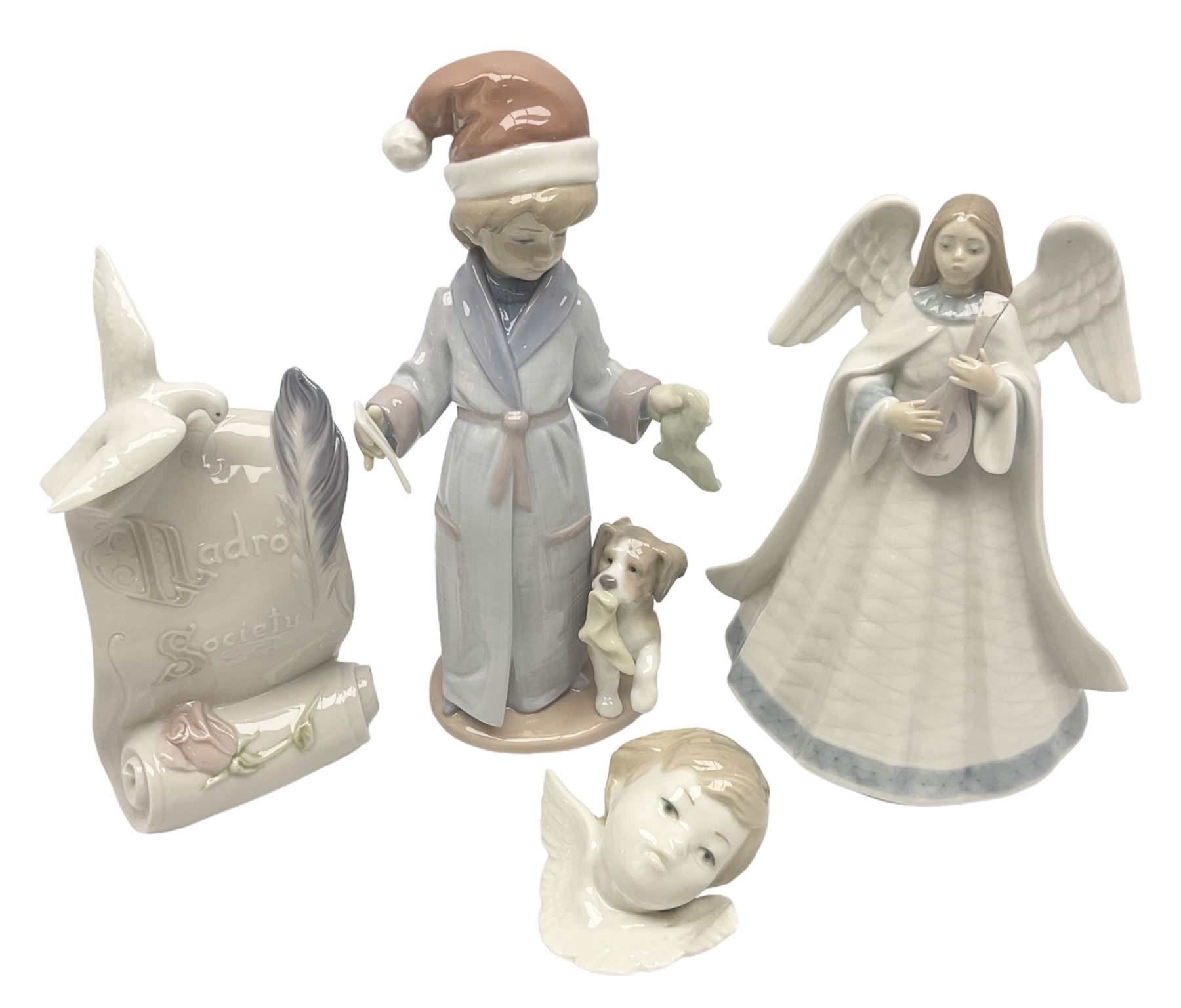 Three Lladro figures, comprising Dear Santa no 6166, Angelic Melody 1993 no 5963 and Seraphs Head no2 no 4885, together with Lladro plaque Love Brings Us Together no 7677, all with original boxes, largest example H18cm