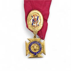 Bro. David Miles - Royal Antediluvian Order of Buffaloes - 9ct gold and enamel Order of Merit and Honour of Knighthood , Templenewsam Lodge, 1938, two silver jewels and two other jewels on a silk collar