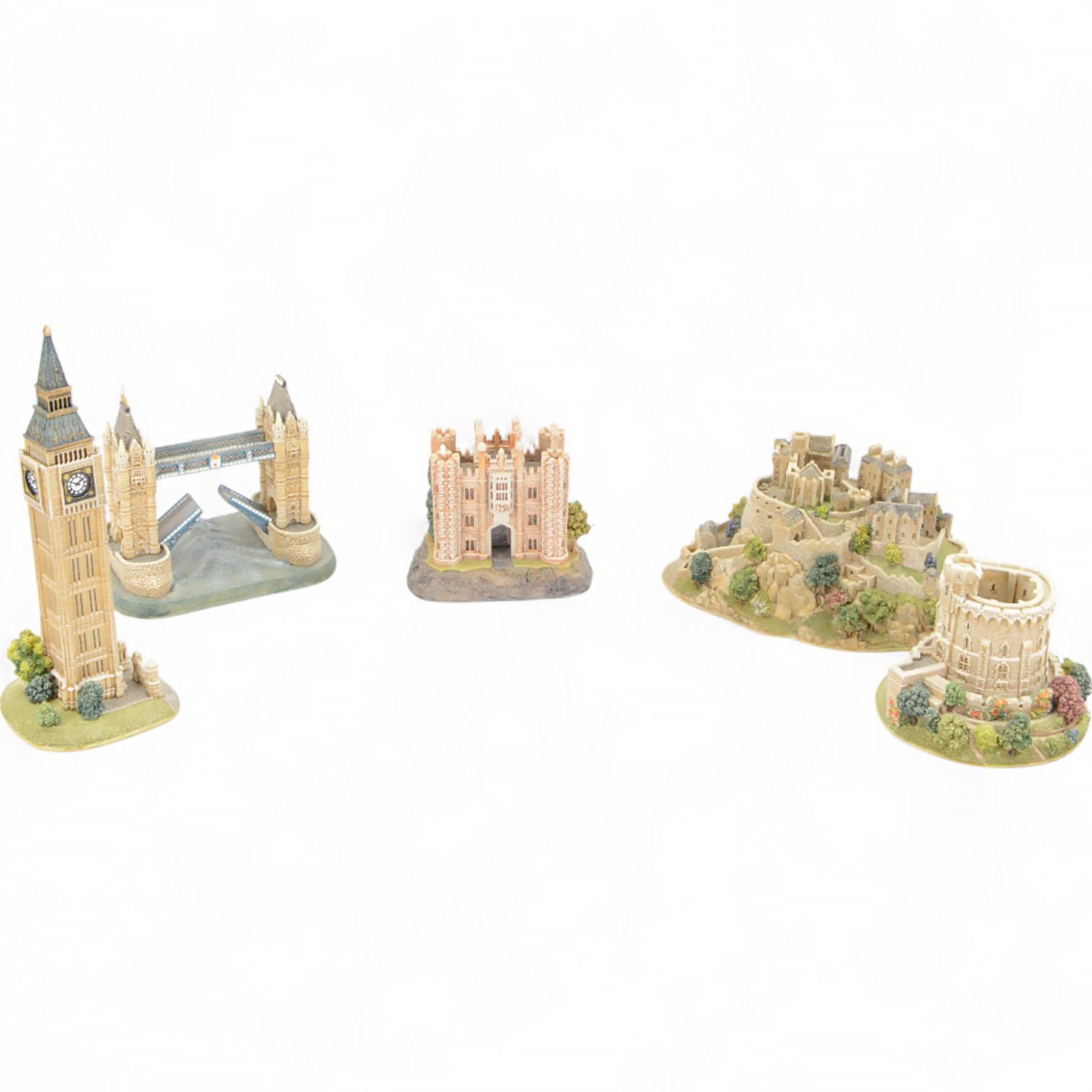 Five Lilliput Lanes, comprising Big Ben, Edinburgh Castle, London Bridge, Hampton Court and Round Tower, all with original boxes  