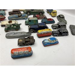 Various Makers - fourteen unboxed and playworn die-cast models including Wee-Kin Sunbeam Talbot, Corgi James Bond Aston Martin and ERF lorry, Dinky Thunderbolt Racing Car, Cadillac Eldorado, Cunningham C5-R, Lagonda etc; Minic tin-plate police car and jeep; other tin-plate models; Merit Plastic racing cars and quantity of spare parts etc