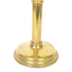 Victorian oil lamp, the brass base supporting a floral enamelled amethyst glass reservoir, duplex burner, and clear glass chimney, overall H69cm
