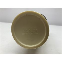 Art Deco 'The Master Incolor' cocktail shaker, in cream Bakelite and silver-plated, with a swivel panel in the cover revealing cocktail recipes, with makers mark beneath, H28cm