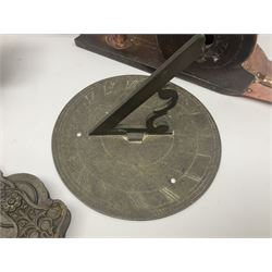 Two 19th century copper tankards, one with weighted wooden base, together with copper and wooden mechanical bellows, sundial and other metalware 