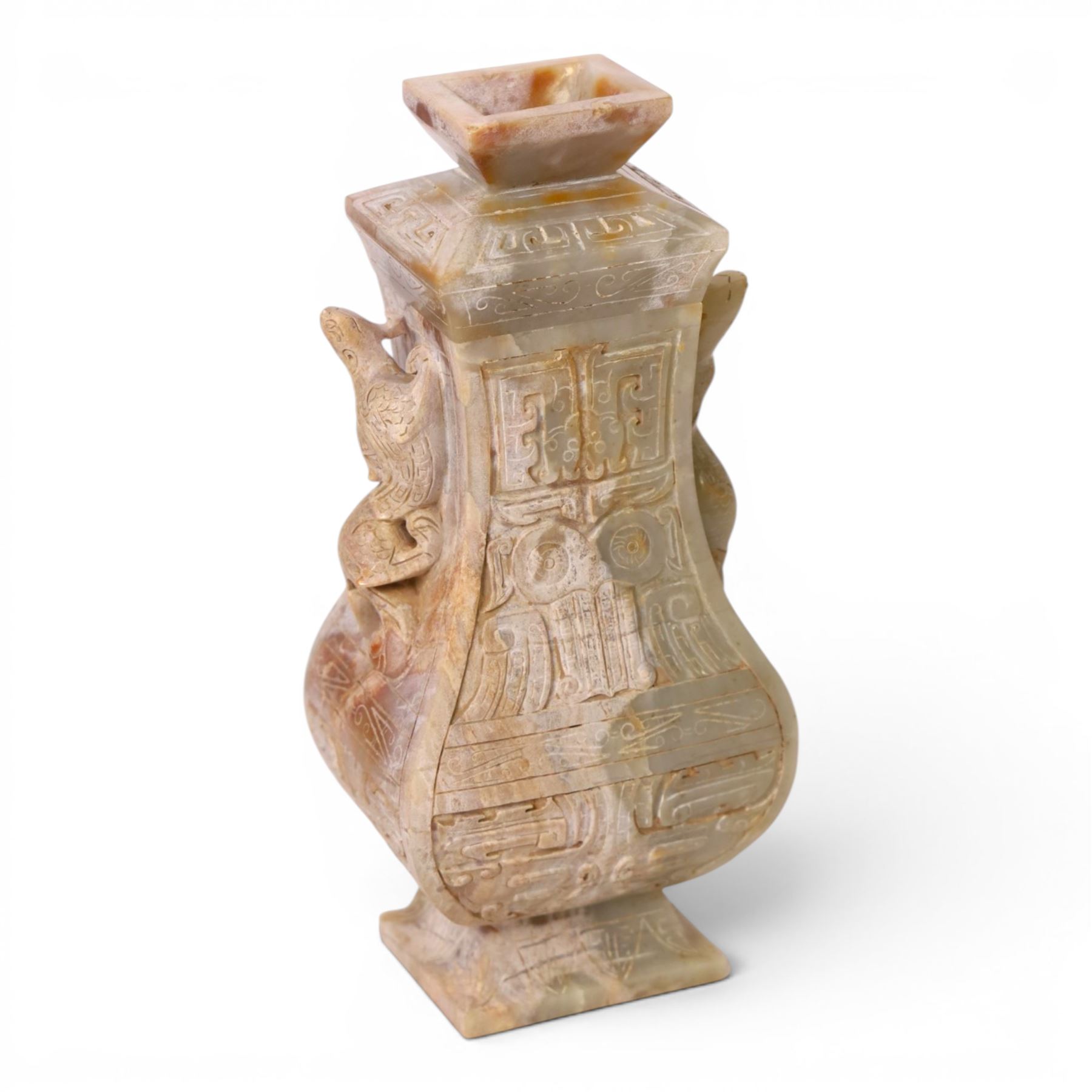 Chinese hardstone vase and cover, with lizard handles and decorated in relief, H23cm