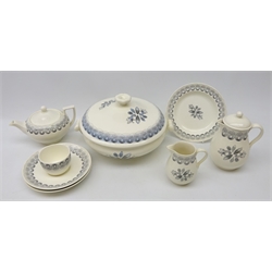 Wedgwood 'Persephone' matched part tea ware designed by Eric Ravilious, comprising small teapot & coffee pot, two saucers, milk jug, sugar bowl & tureen and cover (8)  