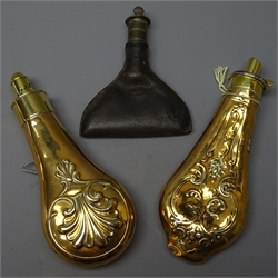  19th century leather Shot Flask with slide out nickel dispensing cap L14cm and two copper Powder  Flasks with embossed decoration and brass caps, (3)   