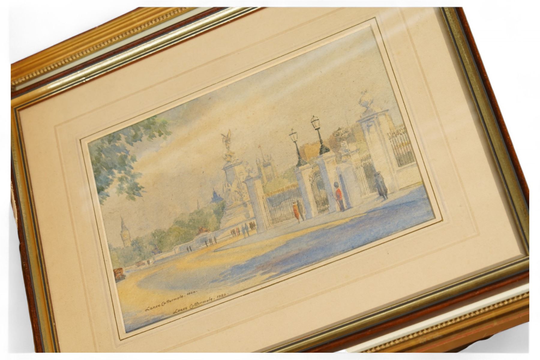 Collection of framed artworks, including a watercolour by  Lance Cattermole (British 1898-1992): View of the Victoria Memorial and the gates of Buckingham Palace; Five etchings, one watercolour, one portrait. 