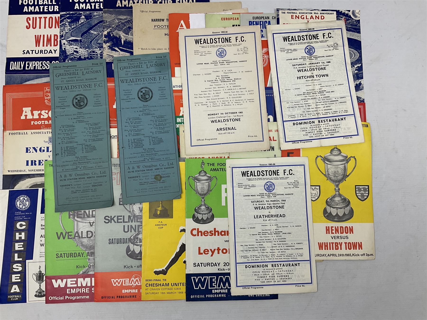 Football programmes - thirteen various England and England Youth matches 1953-77; European Cup Winners Cup Final May 19th 1965 TSV Munchen 1860 v West Ham; European Champions Club Cup Final May 29th 1968 Benfica (1) v Manchester United (4), the famous Bobby Charlton final; seven Wealdstone F.C. 1950-66 including London Senior Charity Cup Final May 10th 1952; Harrow Town Football Challenge Cup April 14th 1948; and eight F.A. Amateur Cup Finals and Semi-Finals plus three song sheets 1956-68 (34)