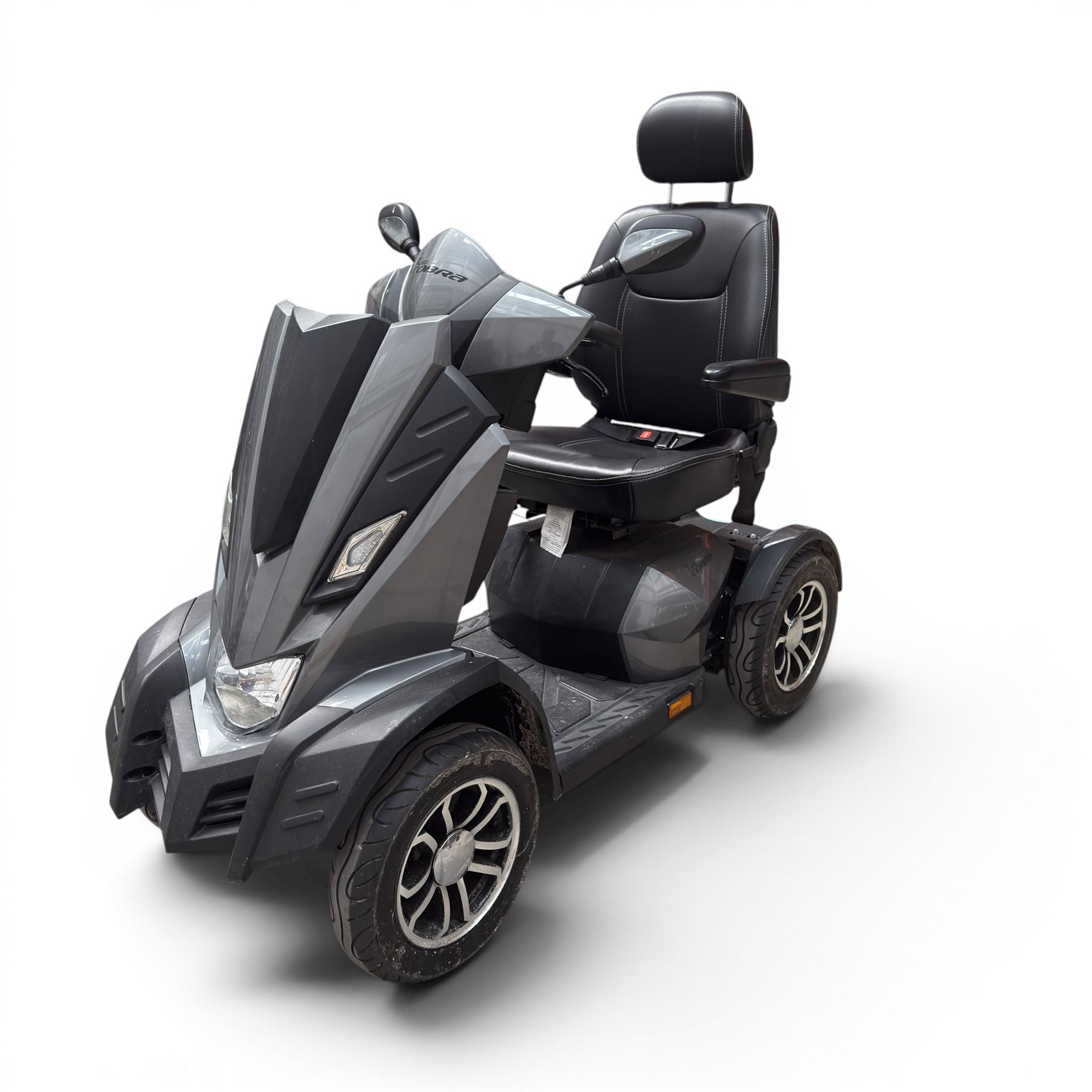 Drive King Cobra  - mobility scooter, four wheel model with black seat and headrest, lights and grey bodywork, 800 miles.