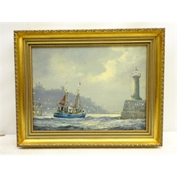  Jack Rigg (British 1927-): Grimsby Trawler entering Whitby Harbour, oil on canvas board signed and dated 1979, together with original letter from the artist 29cm x 39cm  DDS - Artist's resale rights may apply to this lot    
