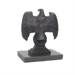Composite cast bust of Hitler, together Third Reich Nazi German style desk stand depicting the national eagle and swastika on a black stone base, together with two other figures, bust H17cm 