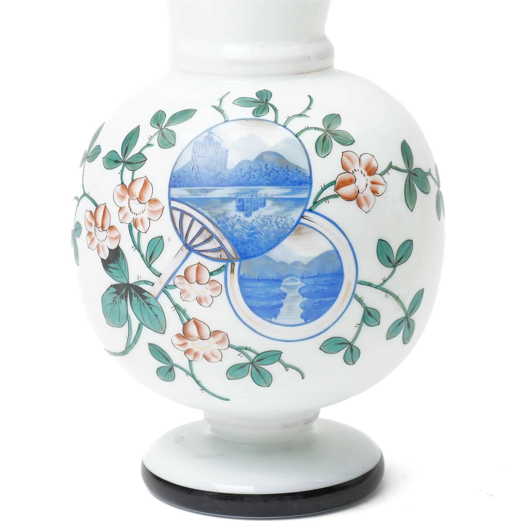 Pair of Victorian opaque glass vases painted with small landscape circular panels in blue and with flowers and leaves H33cm and a Victorian mantel vase hung with lustre drops H30cm (3)
