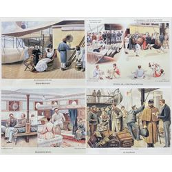 W Lloyd (British 20th Century): 'Sports - or a P&O Race Meeting' 'Favourite Spots' 'Warm Weather' and 'In the River', set of four colour prints 13cm x 17cm (4)
Notes: These prints were originally from menu covers for the P&O ship SS Canberra before her retirement and scrapping in 1997.