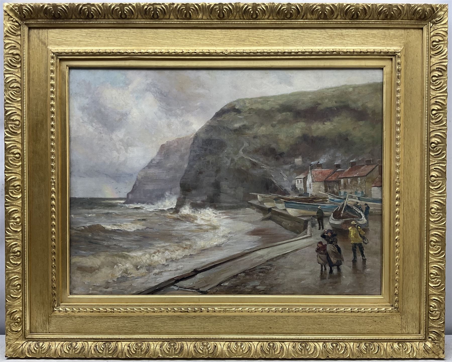 Robert Jobling (Staithes Group 1841-1923): A Blustery Day - Staithes, oil on canvas unsigned 54cm x 74cm 
Provenance: acquired by the vendor from the artist's great-grandson approximately 20 years ago - never previously been on the open market