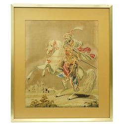 19th century petit point needlework panel of a Napoleonic cavalry officer 60cm x 51cm , framed