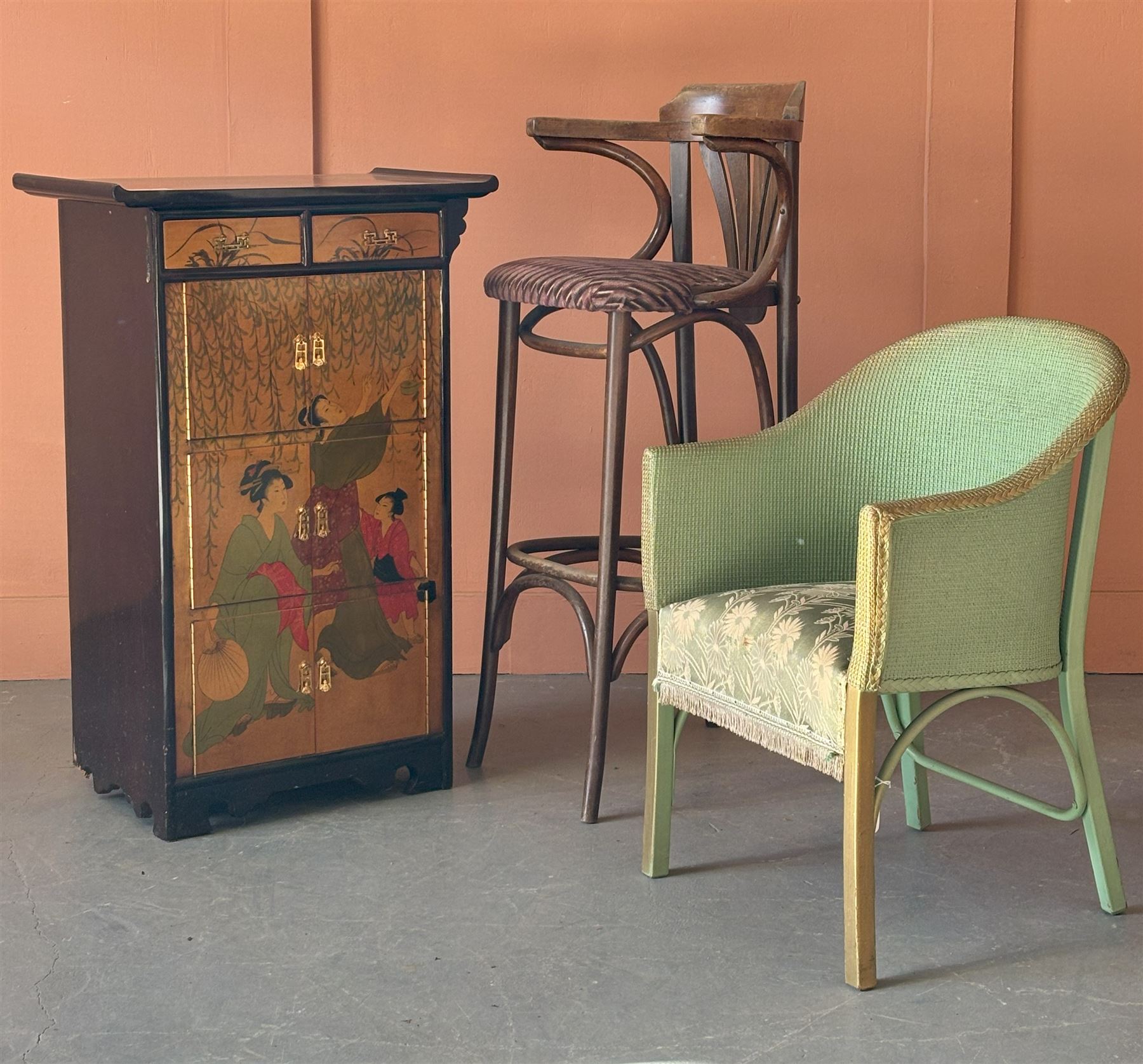Chinese style side cabinet in the form of an alter table, decorated with lacquered chinoiserie (H97cm) together with a Lloyd Loom style chair (H78cm) and an early 20th century bentwood barstool (H111cm) (3) - COLLECTION BY APPOINTMENT FROM: The White House, Thirsk Road, Easingwold, York, YO61 3NF - CALL 01723 507111 TO ARRANGE