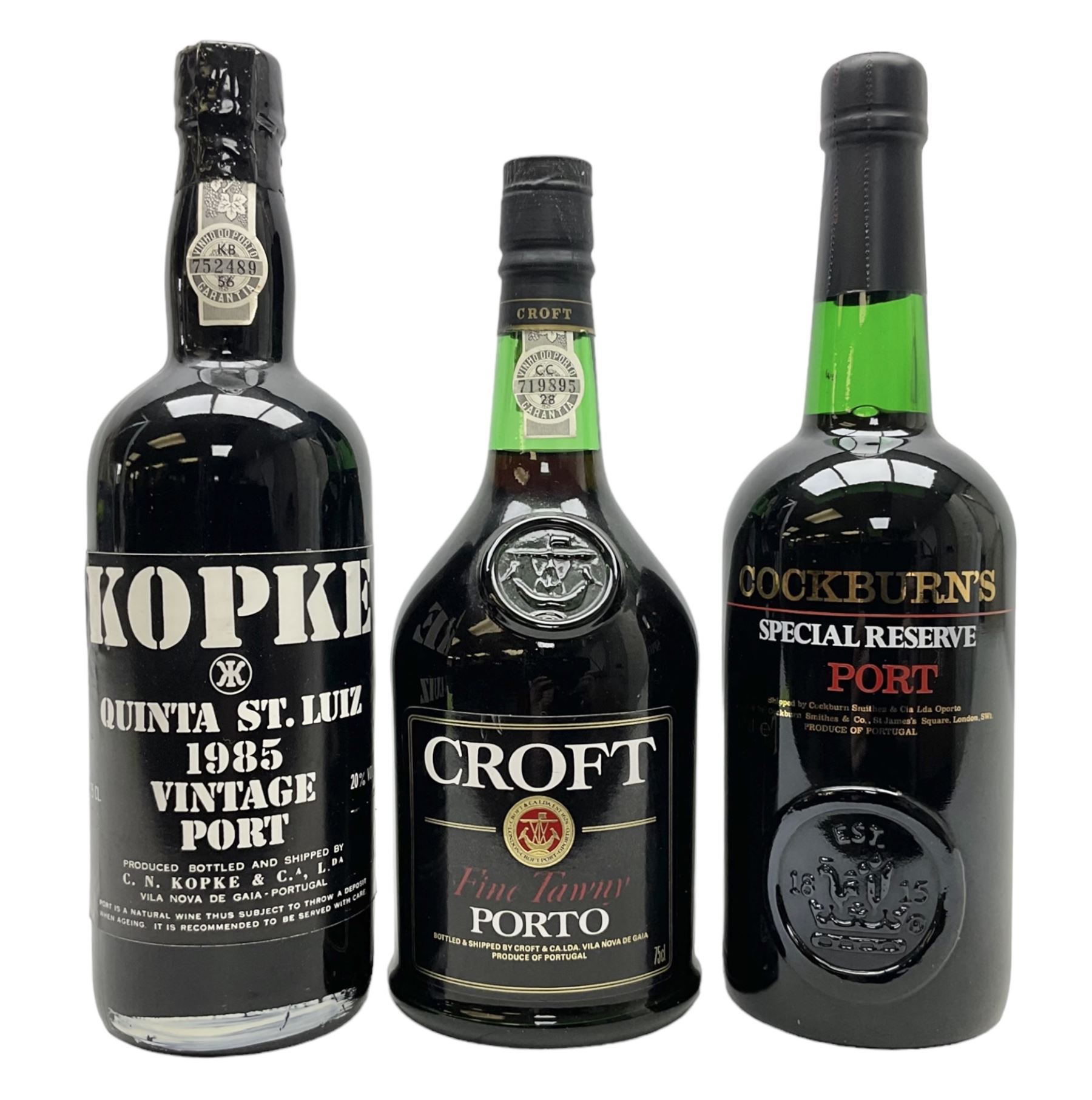 Kopke Quinta St Luiz 1985 Vintage Port, 75cl 20% vol, one bottle, Cockburn's Special Reserve Port, 70cl, one bottle and Croft Fine Tawny Porto, 75cl, one bottle (3)