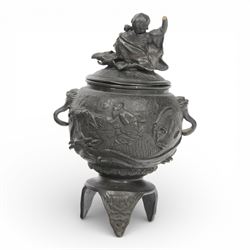 Pair of Japanese bronze koro, raised upon three feet, he body of the koro decorated with figures and animals, the cover mounted with figures, H24cm