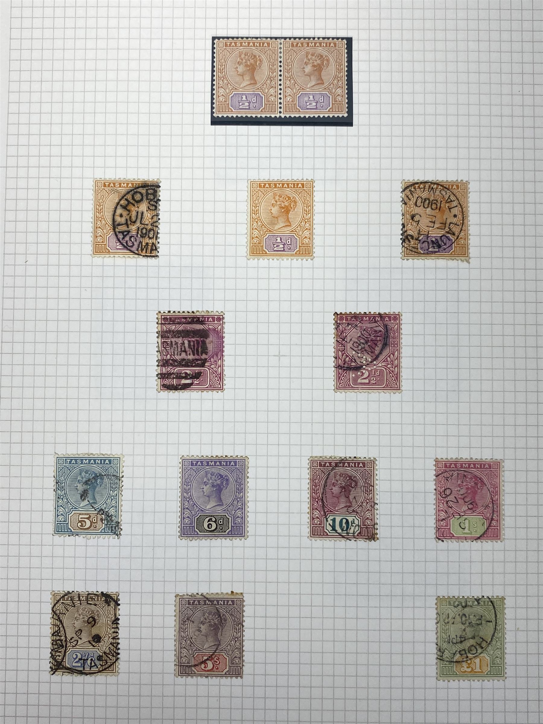 Van Diemen's Land (Tasmania) Queen Victoria and later stamps, including 1853-4 one penny and four penny stamps, 1855 two pence and four pence, 1856 one penny, 1857 various values, 1864-80 various perf issues etc, housed on pages