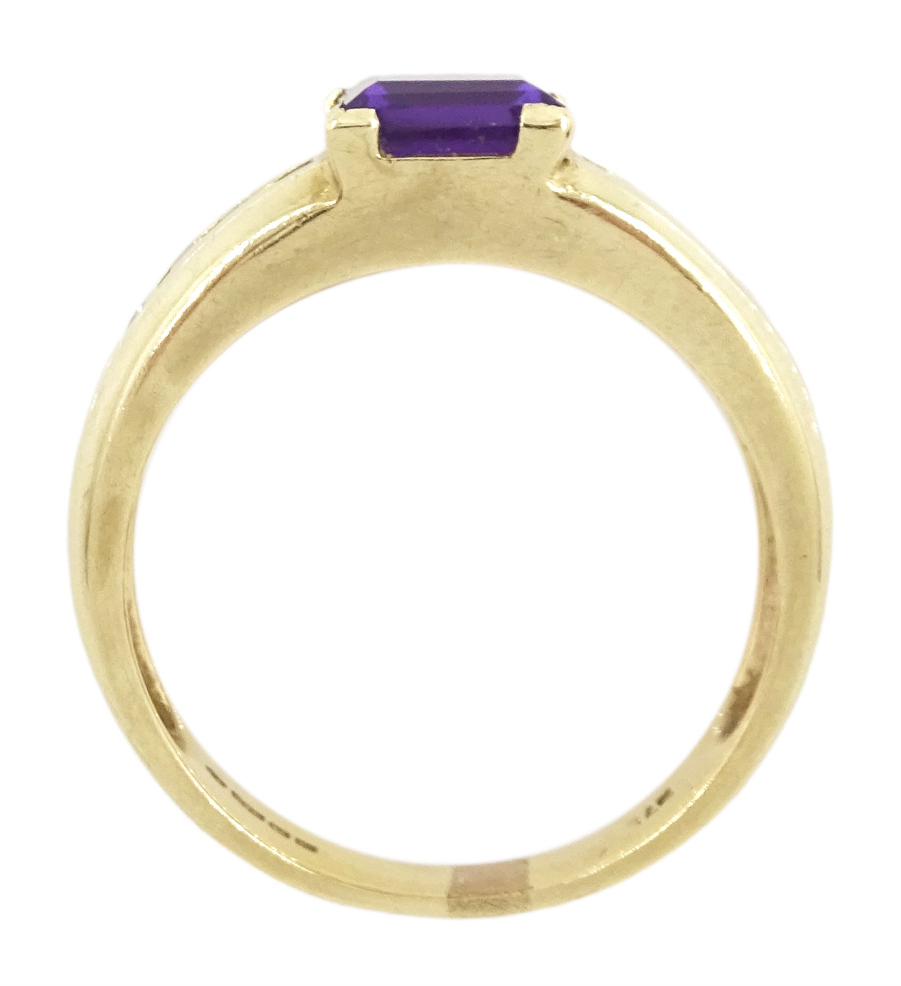 9ct gold princess cut amethyst ring, with diamond set shoulders, hallmarked
