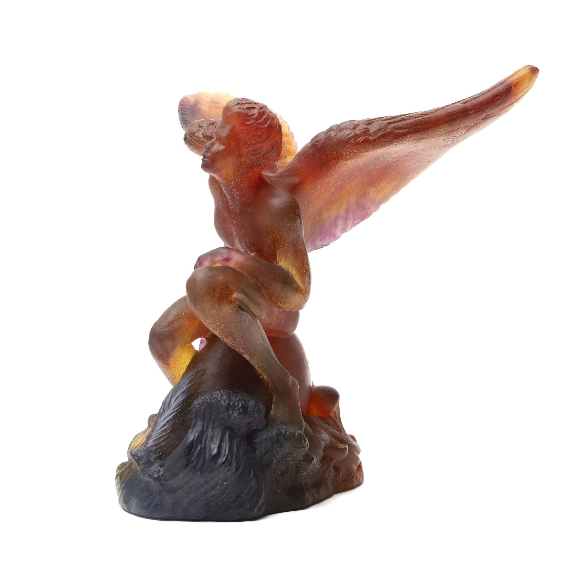 Daum 'Kneeling Angel', glass bowl held aloft by a pate de verre figure, incised Daum France, boxed, H28cm 