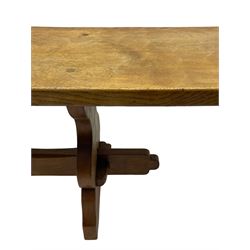 Gnomeman - adzed oak narrow bench, rectangular seat on shaped end supports united by pegged stretcher, carved with gnome signature, by Thomas Whittaker, Little Beck 