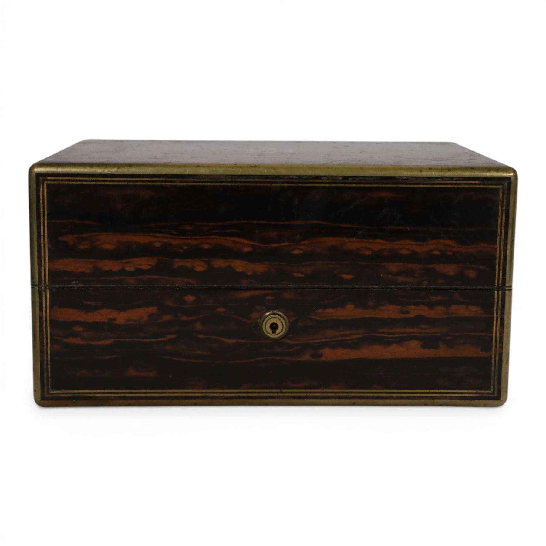 19th century brass mounted coromandel wood box, the hinged lid with inlaid cartouche with initials to the centre, opening to reveal two removable velvet lined trays 