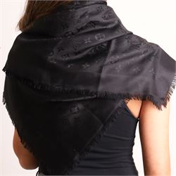 Louis Vuitton - large black Monogram silk and wool shawl, woven tone-on-tone with fringed edges