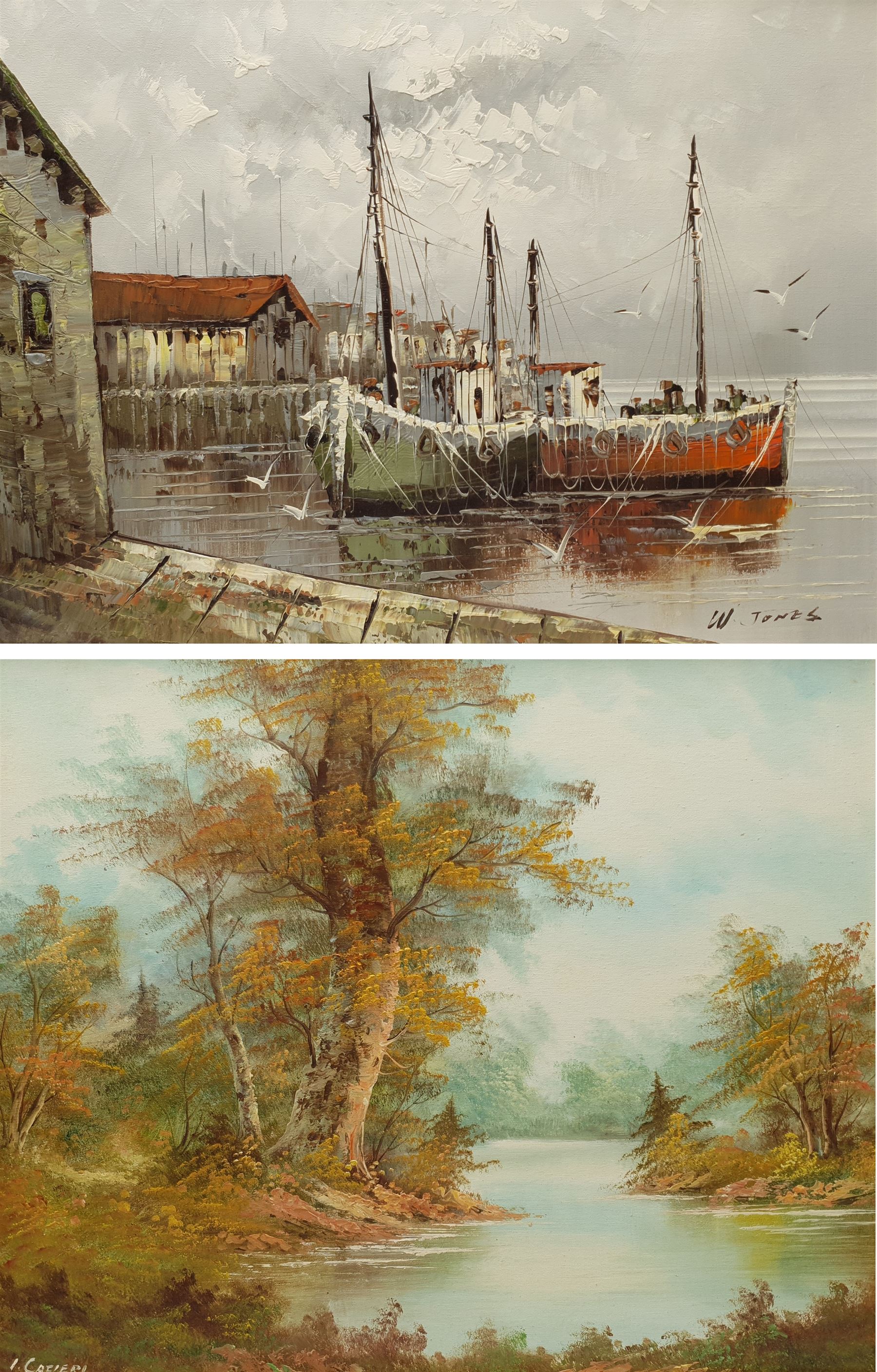 W Jones (20th century): Harbour Scene, oil on canvas signed 45cm x 60cm; I Cafieri: Landscape, oil on canvas signed 50cm x 60cm (2)