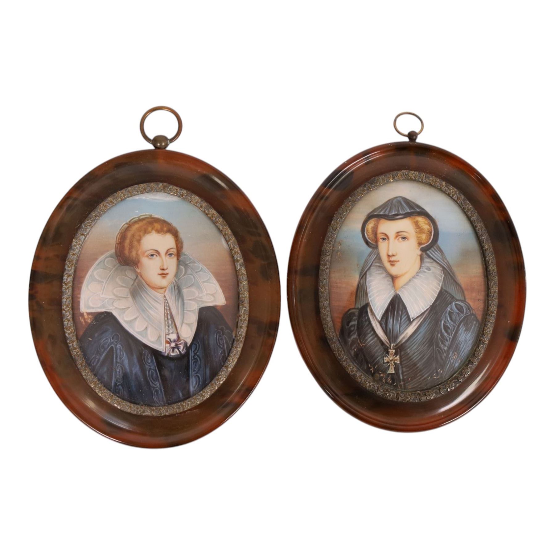 Pair of miniature portraits on ivorine, each depreciating Mary Queen of Scots, H12cm 