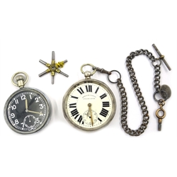  Silver cased pocket watch with steel albert and a military pocket watch stamped arrow G.S.T.P 3591 and a multiple watch key  