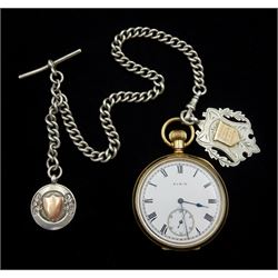 Early 20th century gold-plated keyless lever pocket watch by Elgin, U.S.A, No. 27217564, white enamel dial with subsidereary seconds dial, on silver Albert chain, each link hallmarked, with two silver fobs