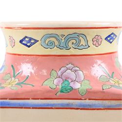Famille Rose vase decorated with panels of figures in a garden, H37cm