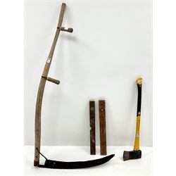Early 20th century scythe (L155cm) an axe and two wooden levels 